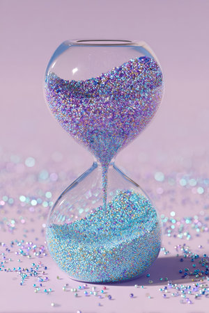 Hourglass with blue and purple glitter on a pink background. Concept of time.の素材