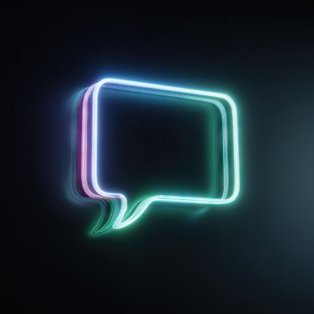 Glowing neon speech bubble icon on dark background. 3D renderingの素材