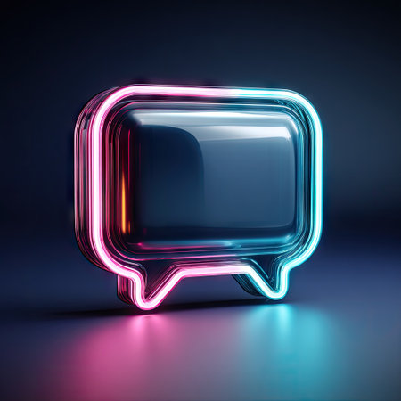 Glowing neon speech bubble icon isolated on dark background. 3D renderingの素材