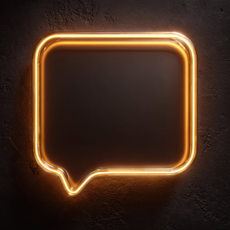 Neon square speech bubble on dark concrete wall. 3d renderingの素材