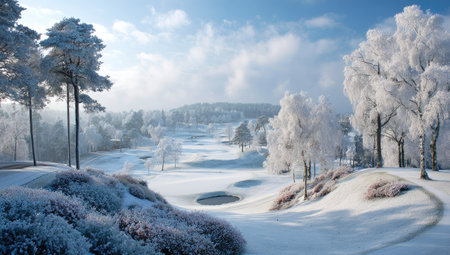 Beautiful winter landscape with trees covered with hoarfrost in the parkの素材