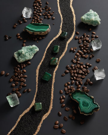 coffee beans, turquoise and green malachite on black backgroundの素材