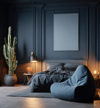 Mock up poster frame in classic bedroom interior. 3D renderの素材