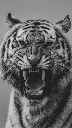 Black and white portrait of a tiger with open mouth on a gray backgroundの素材