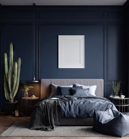 Dark blue bedroom interior with a bed and a poster. 3d rendering mock upの素材