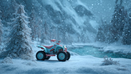 3d illustration. Blue toy quad bike in the winter forest.の素材