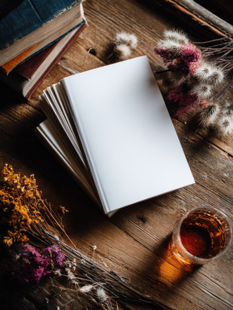Open book, glasses of whiskey and dried flowers on a wooden tableの素材