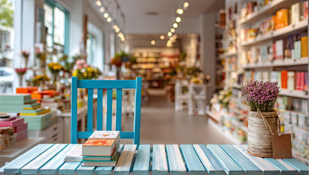 Bookshelf with books and a blue chair in the library.の素材