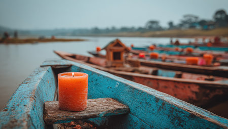 Candle on the boat on the river in Goa, Indiaの素材