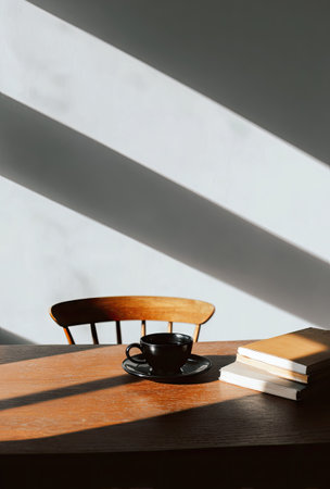 Coffee cup and book on wooden table with sunlight from windowの素材