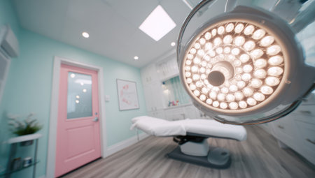 Blurred background of operating room in modern clinic with surgery equipment.の素材