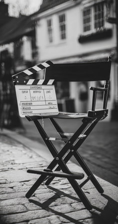 Cinema clapper board on a chair, black and whiteの素材
