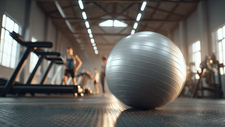 3d render of a fitball in a gym with people exercisingの素材