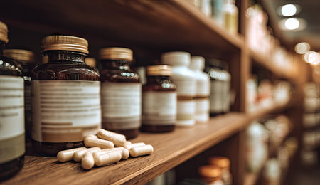 Medicine bottles on a shelf in a pharmacy. Focus on foregroundの素材
