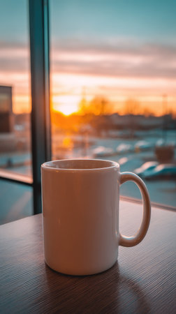 Coffee cup on the table in front of the window at sunsetの素材