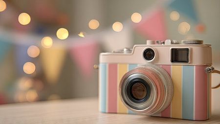 Retro camera on wooden table in front of bokeh backgroundの素材