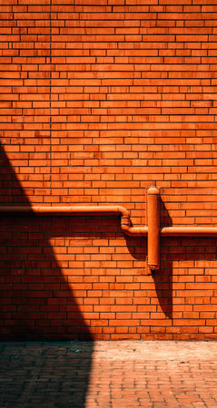 Red brick wall background with shadow on the ground. Horizontal.の素材