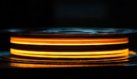 Close up of a reel of movie film on a black background.の素材