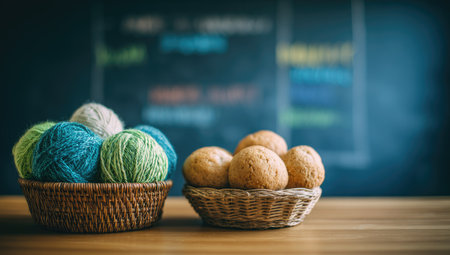 Wicker basket with yarn balls on wooden table in front of chalkboardの素材