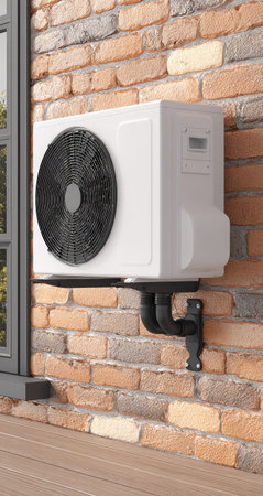 Air conditioner unit on brick wall. 3d render illustration.の素材