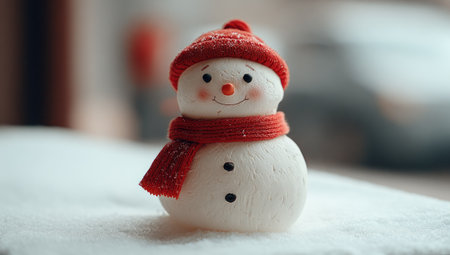 Christmas snowman with red scarf and hat on white towel, closeupの素材