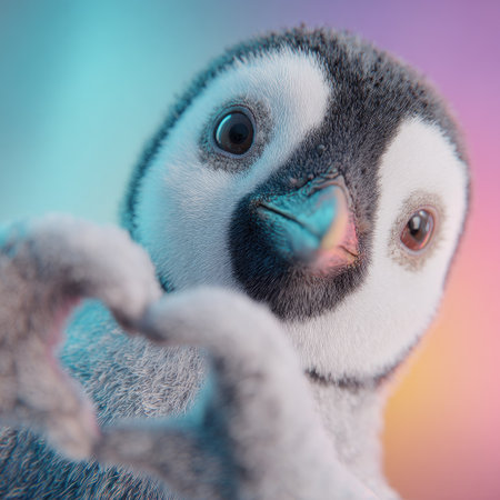 Portrait of a cute penguin on a colorful background. Close-up.の素材