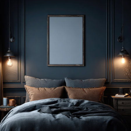 Mock up poster frame in classic bedroom interior background, 3D renderの素材