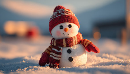 Snowman in the snow with red scarf and hat. Christmas background.の素材
