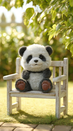 Cute panda sitting on bench in garden, closeup of photoの素材