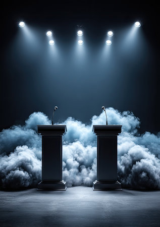 Podium with white smoke and spotlights, Stage Podium Sceneの素材