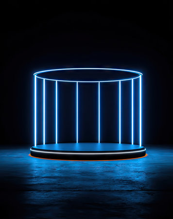 Neon round podium on dark background. 3D rendering. Neon lightの素材