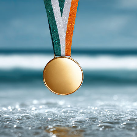 Gold medal on the beach with water drops. 3D illustration.の素材