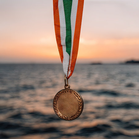 Gold medal with flag of United Arab Emirates on the background of the sea.の素材