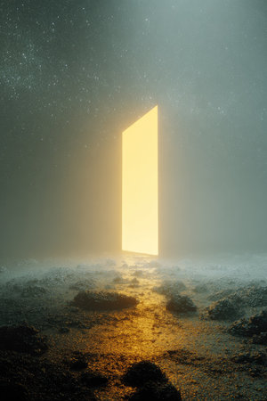 Open door in the sky with stars and moon. 3D renderingの素材