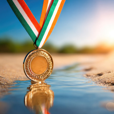 Gold medal with ribbon on the beach. Sport and victory concept.の素材