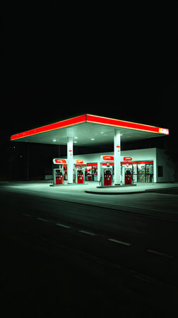 gas station at night, closeup of photo with soft focus effectの素材