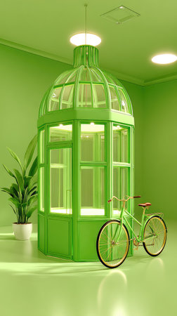 Green interior with bicycle and birdcage. 3D rendering.の素材