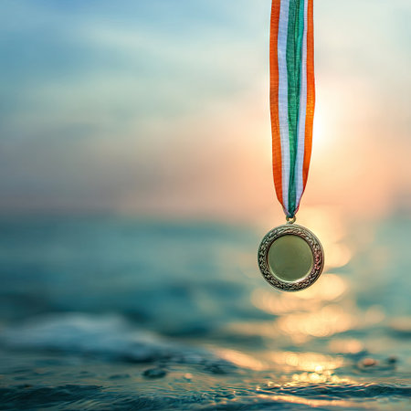 Gold medal on the background of the sea. The concept of victory in the competition.の素材