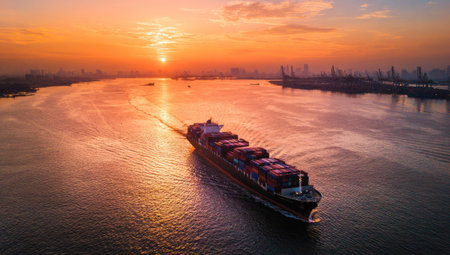 Aerial view of container cargo ship in the river at sunset.の素材