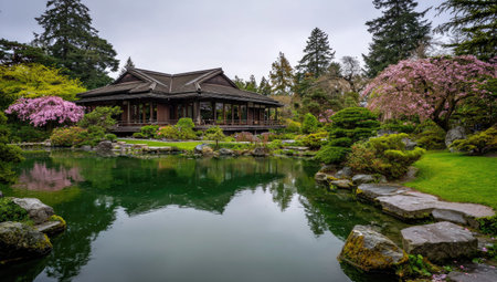 Japanese garden with pond and wooden house in cloudy day. Spring landscape.の素材