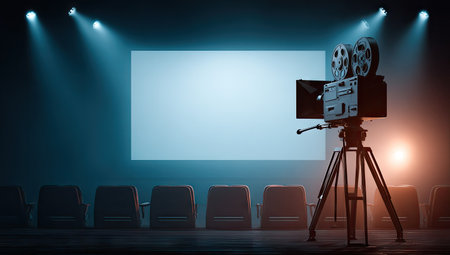 Movie projector in cinema auditorium. 3D rendering and toned imageの素材