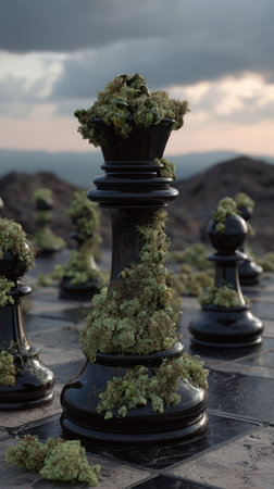 Black chess pieces with flowers on the background of the sea and cloudy skyの素材