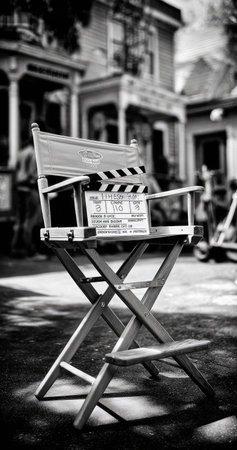 Movie clapper board on a wooden chair. Black and white.の素材