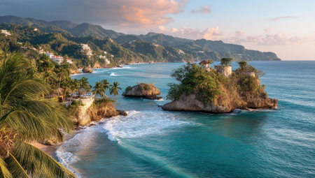 Panoramic view of a small island in the middle of the sea.の素材