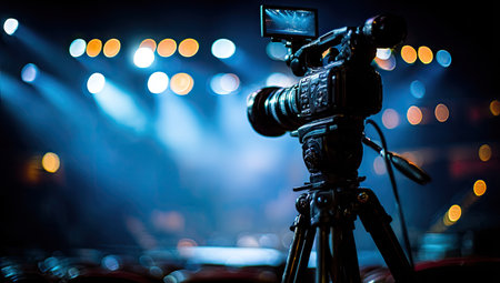 Professional video camera on a tripod on stage with bokeh backgroundの素材