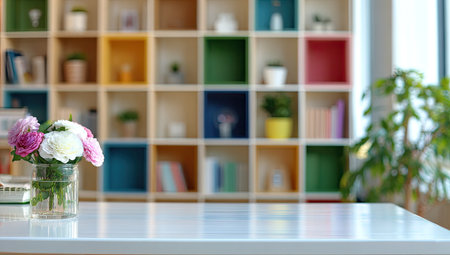 Beautiful flowers in glass vase on the table in the roomの素材