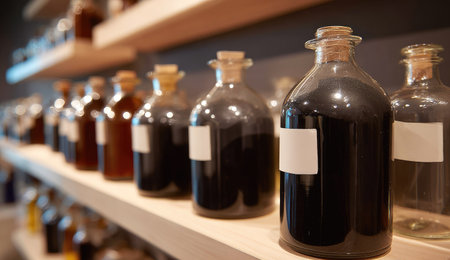 Bottles of wine on a shelf in a wine shop, close-upの素材