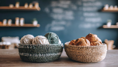 Balls of yarn for knitting in a wicker basket on a wooden table in a cafeの素材
