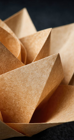 Close up of brown paper origami on black background with copy spaceの素材
