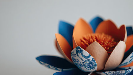 Paper flower origami in blue and orange colors on a white backgroundの素材